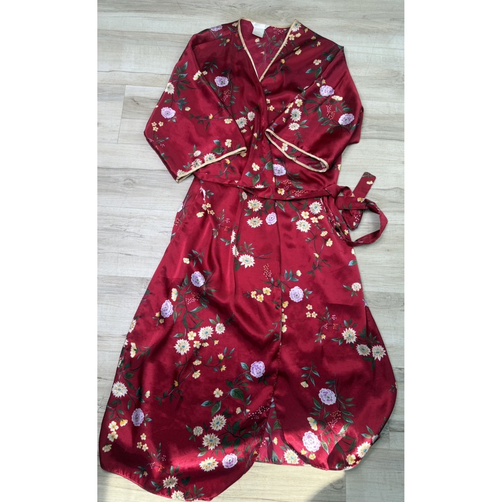 Womens Secret Treasures Kimono Style Silky Type Fabric Wrap Robe Burgun Floral M